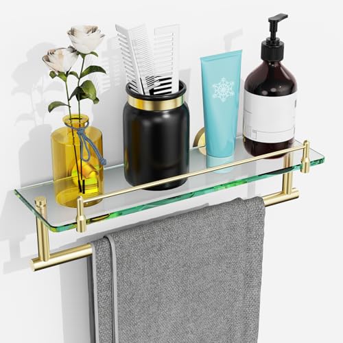 Towel Rack with Shelf 16 Inch, Bathroom Shelf with Towel Bar Tempered Glass, Brushed Gold Modern Rustproof Stainless Steel Wall Mount - color: Brushed Gold, size: 16-inch with Railing