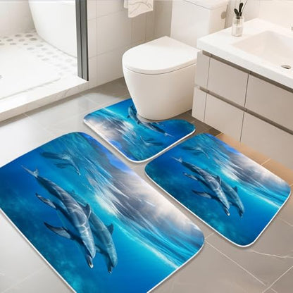 Bathroom Mat Set Ocean Nautical Boys Bathroom Rugs Sets 3 Piece Undersea Dolphins, Memory Foam Bath Rugs, U-Shaped Toilet Rug Non Slip Absorbent Blue - color: Color4