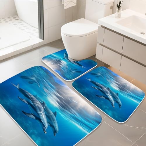 Bathroom Mat Set Ocean Nautical Boys Bathroom Rugs Sets 3 Piece Undersea Dolphins, Memory Foam Bath Rugs, U-Shaped Toilet Rug Non Slip Absorbent Blue - color: Color4