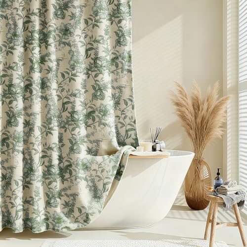 Farmhouse Sage Green Floral Shower Curtain with 12 Clear Rings, Fabric Faux Linen Shower Curtain Set, Vintage Cottagecore Shower Curtain for Bathroom 72" W x 84" L - color: Sage Green-taupe Base, size: 72"W x 84"L (Pack of 1)
