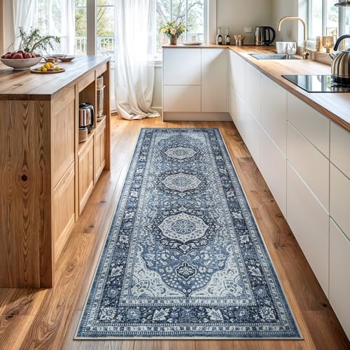 Bloom Rugs Caria Washable Non-Slip 7 ft Runner - Blue Traditional Runner for Entryway, Hallway, Bathroom, and Kitchen - Exact Size: 2'6" x 7' - color: Blue, size: 2'6" x 7' (Runner)
