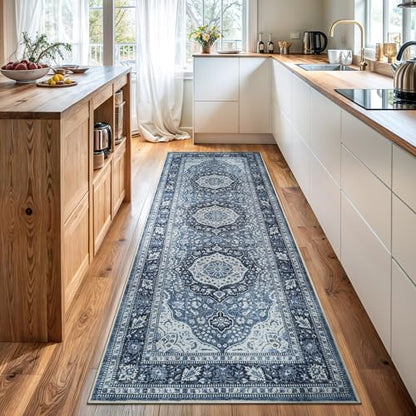 Bloom Rugs Caria Washable Non-Slip 7 ft Runner - Blue Traditional Runner for Entryway, Hallway, Bathroom, and Kitchen - Exact Size: 2'6" x 7' - color: Blue, size: 2'6" x 7' (Runner)
