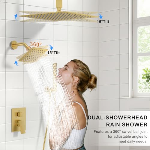 Rain Shower System 12" & 6" Dual Shower Heads Ceiling Shower Faucet Set | Ideal for bathroom remodels and upgrades with 12" rain shower, 6" angled shower, handheld spray and complete valve kit. - color: Brushed Gold, size: Ceiling Mounted - 12"+6" Shower