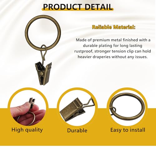 Curtain Rings with Hooks 14 Pack - Rustproof Metal Drapery Clips for Window, Shower, Door, 1.5" Inner Diameter, Smooth Gliding, Fits 5/8" to 3/4" Rods, Antique Bronze - color: Antique Bronze