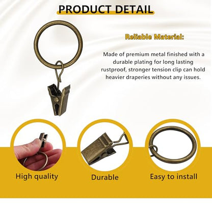 Curtain Rings with Hooks 14 Pack - Rustproof Metal Drapery Clips for Window, Shower, Door, 1.5" Inner Diameter, Smooth Gliding, Fits 5/8" to 3/4" Rods, Antique Bronze - color: Antique Bronze