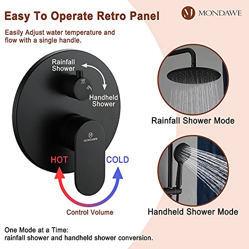 MONDAWE 9 Inch Wall Mounted Shower Faucet Set in Matte Black, Rainfall Shower Head with 3-Setting Handheld Spray Shower Set Combo, High Pressure Shower System with Solid Brass Valve - color: Matte Black, style: 9 IN - Without Tub Spout