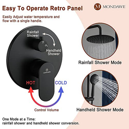 MONDAWE 9 Inch Wall Mounted Shower Faucet Set in Matte Black, Rainfall Shower Head with 3-Setting Handheld Spray Shower Set Combo, High Pressure Shower System with Solid Brass Valve - color: Matte Black, style: 9 IN - Without Tub Spout