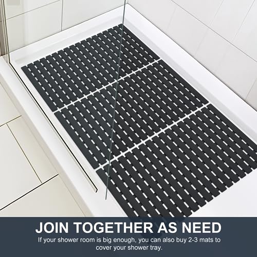 Yolife Quick Drain Shower Mat, 24.8 x 15.8 inch Power Grip Shower Mat Non Slip, Raised Non Slip Shower Mats for Inside Shower, Heavy Duty Curlable Stand up Shower Floor Mat,Black