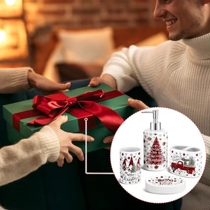 4 Pcs Christmas Ceramic Bathroom Accessories Gifts Xmas Bath Tumbler Xmas Tree Soap Dispenser Toothbrush Holder Soap Tray Merry Christmas Bathroom Decorations(Red and Black Plaid) - style: Red and Black Plaid