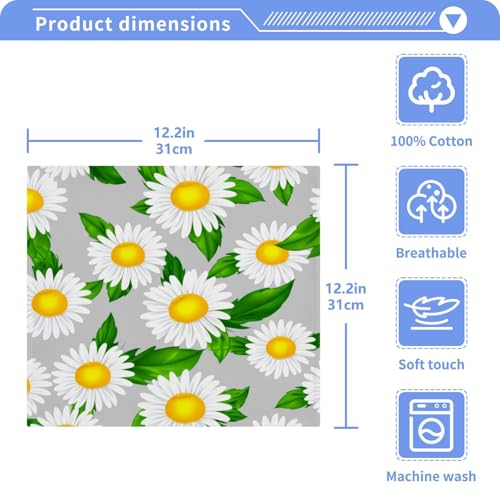 White Daisies Washcloths Towels, Highly Absorbent and Soft Cotton Face Cloths, 2 Pack Quick Dry Wash Cloths - 12 X 12 Inches