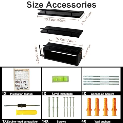 Wooden Floating Shelves with Paper Towel Holder for Bathroom Wall Storage | Bathroom Wall Shelf with Metal Rail, Wall Mount with Hardware, Over-The-Toilet Space Saver, Bedroom Kitchen Living Room Decor
