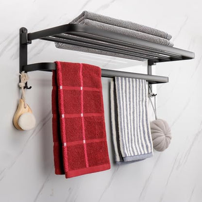 TocTen Towel Rack for Bathroom, Foldable Towel Holder with Double Towel Bars, Wall Mounted Premium Aluminum Bathroom Tower Shelf, Space-Saving Towel Hanger for Bathroom, Lavatory (Black,24 in) - color: Black