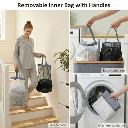 efluky Laundry Hamper with Lid, Double Laundry Basket with 2 Removable Bags, 2 Section Laundry Bin with Bamboo Handles for Bathroom, Bedroom & Laundry Room, 140L (36.9 Gallon) Blue Grey - color: Blue Grey, size: 140L Dual