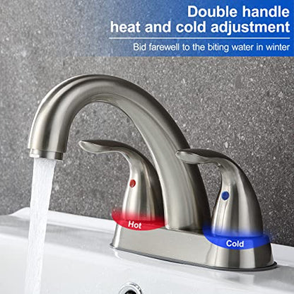2 Handle Bathroom Sink Faucet, with Pop up Drain & Supply Lines, 4 Inch Centerset Brushed Nickel Faucet for Lavatory Bathroom Sink, Professional Modern Vessel Deck Mount Vanity rv Faucet | 4 Inch Centerset Faucet for Lavatory Bathroom Sink, Professional M