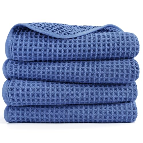 POLYTE 430 GSM Poly Blend Microfiber Quick Dry Waffle Hand Towel, 16x30 in | 4 Pack, Oversize, Lint Free, Quick Dry, Hanging Loop - color: Royal Blue