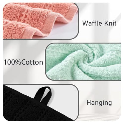 VOOVA & MOVAS Black Hand Towels 4PC,13"x30", 100% Cotton,with Loop | Waffle Weave Fabric, Soft Lightweight & Absorbing, Quick Dry & Non-fading, Unshrinkable - color: Black