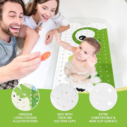 PRATIQUE Kids Bath Mat for Tub Non Slip，40 X 16 Inch Extra Long Kids Bathtub Mat Frog Bathtub Shower Mat Safety Anti Slip with Suction Cups and Drain Holes, Machine Washable - color: Frog
