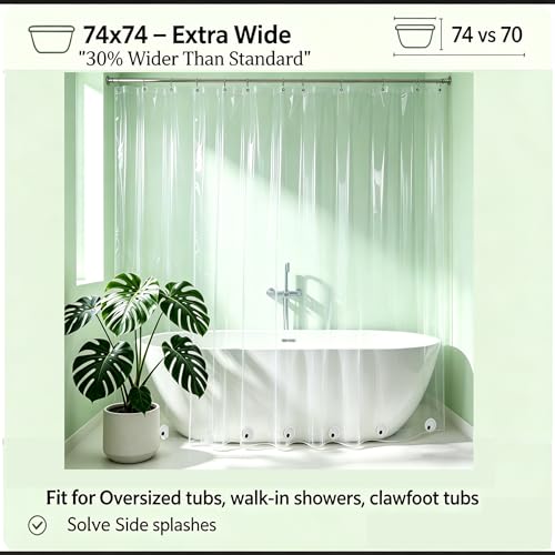 Clear Plastic Shower Curtain Liner 74 x 74 Inches - Extra Wide & Long Waterproof Heavy Duty 74 inch Shower Curtain with 6 Magnets and Rustproof Grommets for Bathtub, Walk-in Shower, Clawfoot Tub - color: 8g-clear, size: 74"W x 74"L (Pack of 1)