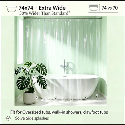Clear Plastic Shower Curtain Liner 74 x 74 Inches - Extra Wide & Long Waterproof Heavy Duty 74 inch Shower Curtain with 6 Magnets and Rustproof Grommets for Bathtub, Walk-in Shower, Clawfoot Tub - color: 8g-clear, size: 74"W x 74"L (Pack of 1)