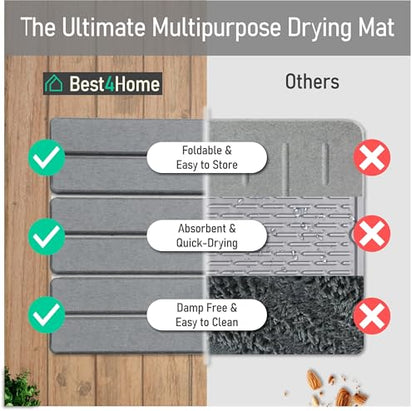 Stone Drying Mat for Kitchen Counter - Grey 12x16In Dish Drying Mat - Foldable Diatomite Stone Dish Rack - Absorbent Diatomaceous Earth Non-Slip Tray for Bathroom