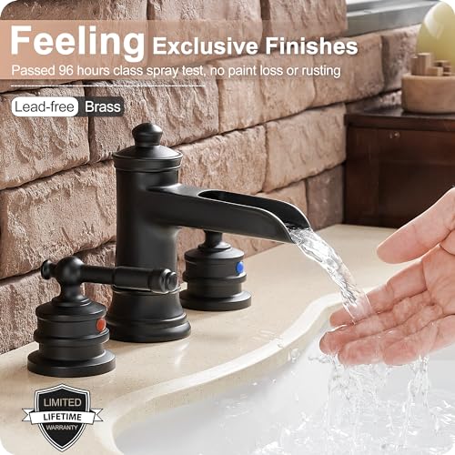 Black Waterfall Bathroom Faucet Widespread, Brass Bathroom Faucets for Sink 3 Hole, 4-16 Inch Faucet Bathroom Vanity Faucet with 2 Handles Supply Hoses & Pop-Up Drain for Modern Farmhouse - color: Matte Black - Elegant