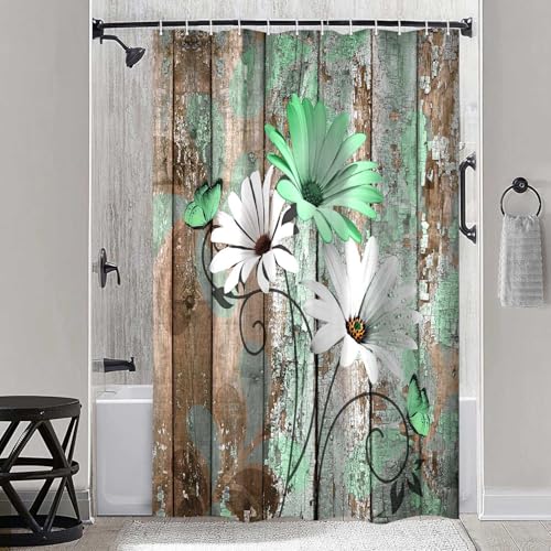JAWO Farmhouse Flower Floral Shower Curtain, Rustic Green Daisy Shower Curtain Set, Country Green Wild Garden Plant Fabric Shower Curtain with Hooks, Brown Wooden Board Bathroom Curtain, 36x70inch - color: Daisy-green, size: 36"W x 70"L (Pack of 1)