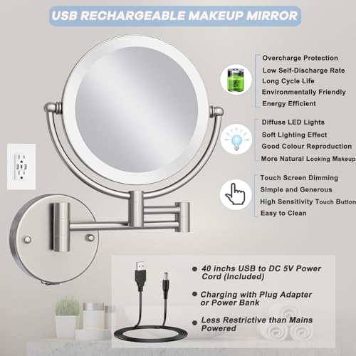 Wall Mounted Lighted Makeup Vanity Mirror with Magnification 10X, Hardwired | Bathroom 8 Inches Double Sides Magnifying, 3 Color Lighting Touch Dimming, Extended Arm Shaving Hard Wired, Brushed Nickel - color: Brushed Nickel