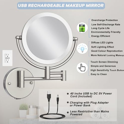 Wall Mounted Lighted Makeup Vanity Mirror with Magnification 10X, Hardwired | Bathroom 8 Inches Double Sides Magnifying, 3 Color Lighting Touch Dimming, Extended Arm Shaving Hard Wired, Brushed Nickel - color: Brushed Nickel