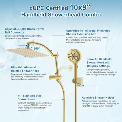 Hibbent Metal 10" High Pressure Rain Shower Head Combo, Brushed Gold | cUPC Certified Rainfall Shower Head with handheld 10 Sprays, 16'' Adjustable Extension Arm, 71'' Hose, Showerhead Holder - color: Brushed Gold, style: Square 10''