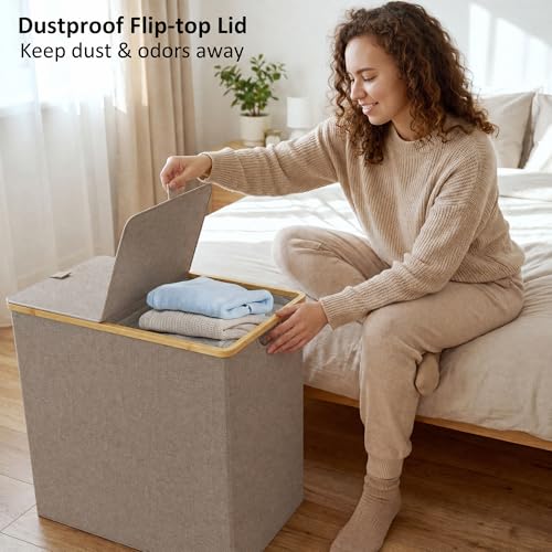 efluky Laundry Hamper with Lid, Double Laundry Basket with 2 Removable Bags, 2 Section Laundry Bin with Bamboo Handles for Bathroom, Bedroom & Laundry Room, 140L (36.9 Gallon) Oat - color: Oat, size: 140L Dual