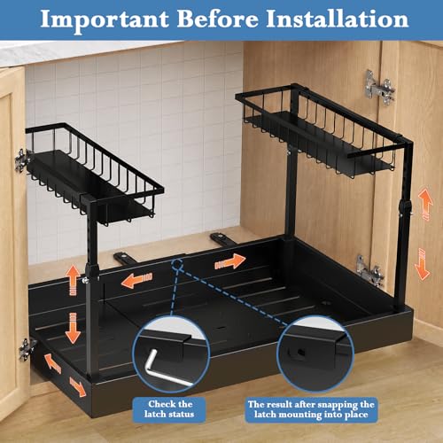 Aisslro Under Sink Organizer, 2 Tier Pull Out Cabinet Organizer, Expandable & Adjustable Slide Out Shelf 13.2''–20.3'', Under Sink Storage for Kitchen Bathroom Laundry Cabinet Storage, Black - size: Small