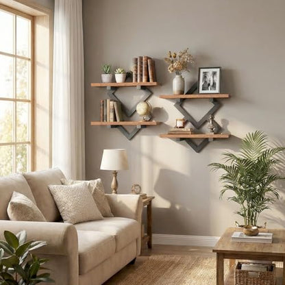 HOOBRO 15" Floating Shelves for Wall, Set of 2 Wall shelf, 2-Tier Hanging Shelves, Wall Mounted Storage Shelf, Display Rack, for Living Room Bedroom Kitchen Bathroom, Rustic Brown and Black BF14BJP201 - color: Rustic Brown + Black
