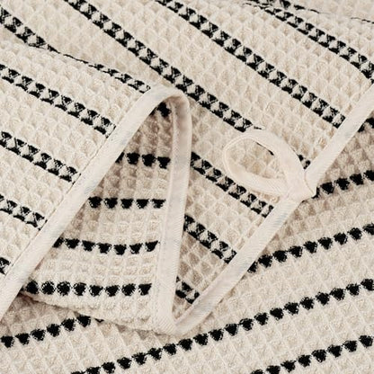 POLYTE 430 GSM Poly Blend Microfiber Quick Dry Waffle Bath Towel Set of 6 | 2-Body Towels, 2-Hand Towels, 2-Wash cloths, Oversize, Lint Free - color: Light Beige/Black