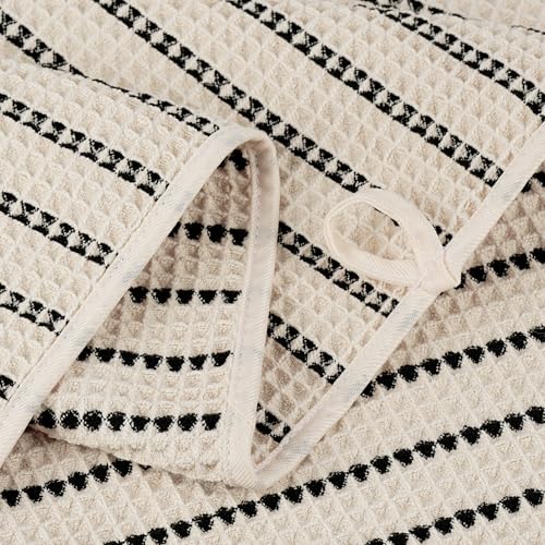 POLYTE 430 GSM Poly Blend Microfiber Quick Dry Waffle Bath Towel Set of 6 | 2-Body Towels, 2-Hand Towels, 2-Wash cloths, Oversize, Lint Free - color: Light Beige/Black