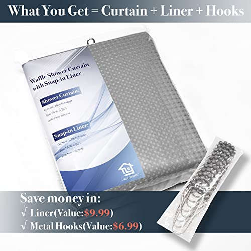 N&Y HOME 54 x 78 Waffle Weave Shower Curtain with Snap-in Liner Set Gray | 12 Metal Hooks Included, Snap on/off Fabric Liner, Hotel Style & Mesh Top Window, Machine Washable, 54x78 Shower Stall Size - color: Grey, size: 54"W x 78"L (Pack of 1)