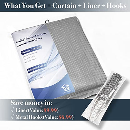 N&Y HOME 54 x 78 Waffle Weave Shower Curtain with Snap-in Liner Set Gray | 12 Metal Hooks Included, Snap on/off Fabric Liner, Hotel Style & Mesh Top Window, Machine Washable, 54x78 Shower Stall Size - color: Grey, size: 54"W x 78"L (Pack of 1)