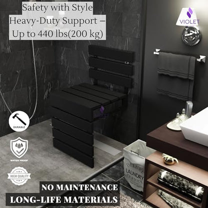 Folding Wall Mounted Teak Wood Shower Seat with Backrest, Water Resistant Foldable Bathroom Stool with Legs, Premium Materials Handmade Shoe Changing Bench, Space Saving and Super Safe Chair (Black) - color: Black