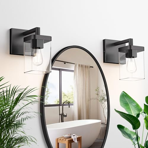 Set of 2 Wall Sconce, Square Design Morden Bathroom Lighting Fixtures with Clear Glass Shade, Matte Black Wall Lights for Living Room/Bedroom/Hallway/Porch - color: Black, size: 1 Light*2