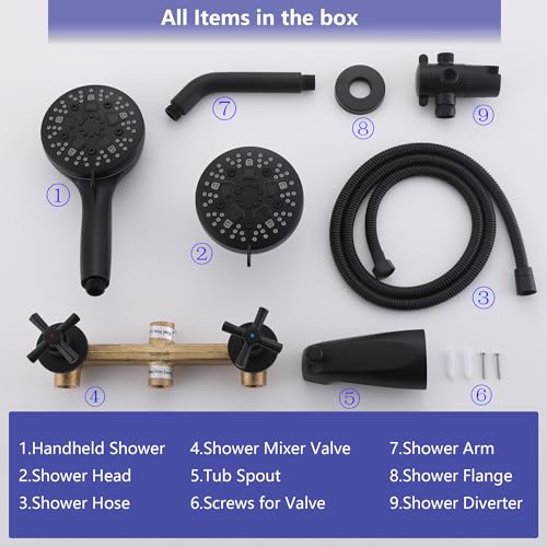 2 Handle Tub Shower Faucet Set Matte Black with Valve Wall Mounted | Many Spray Options, Dual Head Work independently /Work Together, Brass Valve, NPT 1/2" US Connection - color: Matte Black, style: Style B