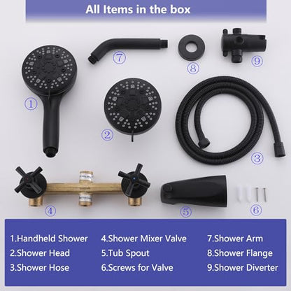 2 Handle Tub Shower Faucet Set Matte Black with Valve Wall Mounted | Many Spray Options, Dual Head Work independently /Work Together, Brass Valve, NPT 1/2" US Connection - color: Matte Black, style: Style B