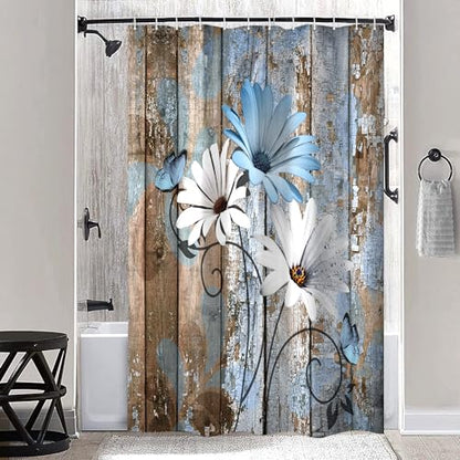 JAWO Farmhouse Flower Floral Shower Curtain, Rustic Blue Daisy Shower Curtain Set, Country Blue Wild Garden Plant Fabric Shower Curtain with Hooks, Brown Wooden Board Bathroom Curtain, 36x70inch - color: Daisy-blue, size: 36"W x 70"L (Pack of 1)