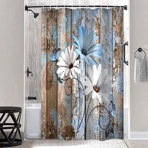 JAWO Farmhouse Flower Floral Shower Curtain, Rustic Blue Daisy Shower Curtain Set, Country Blue Wild Garden Plant Fabric Shower Curtain with Hooks, Brown Wooden Board Bathroom Curtain, 47x64inch - color: Daisy-blue, size: 47"W x 64"L (Pack of 1)