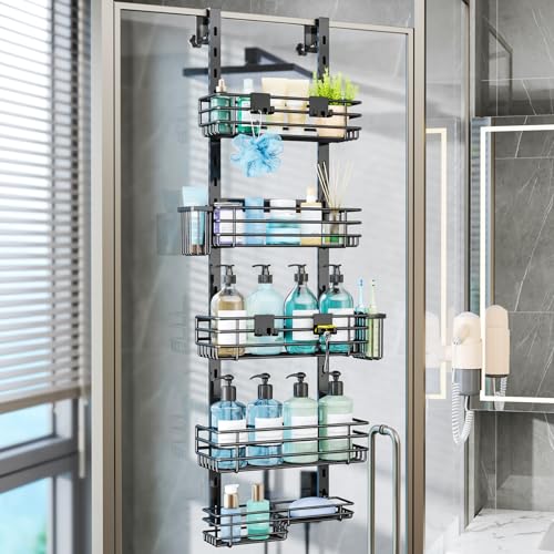 Consumest Over The Door Shower Caddy - 5 Tier Adjustable Shower Organizer Hanging with 2 Toothbrush Holders & 4 Hooks, Rustproof Organizer Shelf, Storage Rack for Bathroom, Black - color: Black, size: 5-Tier