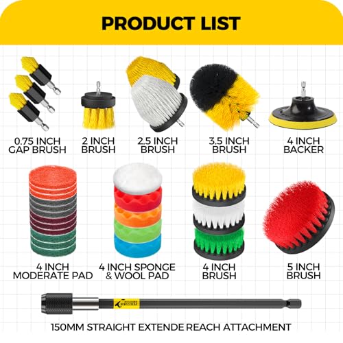 Holikme 30Piece Drill Brush Attachment Set - Power Scrubber Cleaning Kit | Buffing Sponges, Nylon Grout Tools, Tile Bathtub Shower Floors Kitchen Car Interior Detailing, Cleaning Supplies - color: Yellow