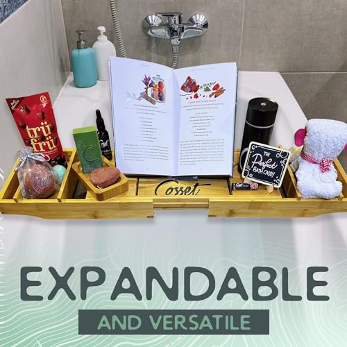 Bathtub Tray - Expandable Bamboo Bathroom Tray for Women and Men - Soap Dish, Book, Phone & Tablet Holder, Wine Glass Slot - Relaxing Bath Caddy for Spa and Shower