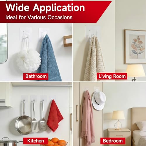 30 Pack Invisible Adhesive Hooks for Hanging, Shower Hook for Inside Shower | Heavy Duty, Waterproof & Rustproof, Clear Sticky Hooks for Walls No Damage, Multi-Use for Kitchen, Bathroom, Bedroom, Office - size: Large Clear Hooks - 30 Pcs