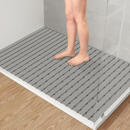 Yolife PVC Large Shower Mat, 35.4 × 24 Inch Non Suction Cup Non Slip Shower Floor Mat, Easy to Cut & Curlable Stand Up Shower Stall Mat, Heavy Duty Bath Shower Mats for Inside Shower - color: Light Grey
