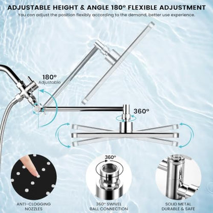 Shower Head with Handheld,High Pressure Chrome Rain Shower Head | Regaderas Para Shower,11.8" Rectangular,Rainfall Shower Head,Dual Shower Head,Bathroom Decor,Extension Arm,5 Spray Mode - color: A-Chrome, style: Rectangular 12"