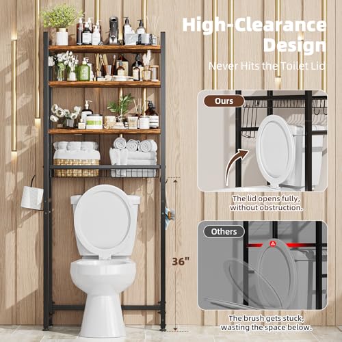 Ekisemio Over The Toilet Storage Rack, 4 Tier Over Toilet Shelf with Adjustable Feet, Freestanding Bathroom Organizer with Wooden Shelves, Hooks, Paper Holder, Vintage Brown