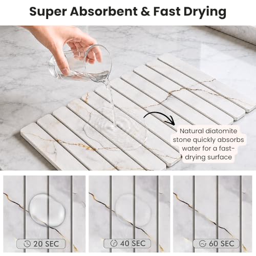 Large Stone Dish Drying Mat for Kitchen Counter, Foldable & Super Absorbent Diatomaceous Earth Drying Pad for Dishes, Cups, Bottles with Anti-Slip Mesh & Quick Dry (White Marble 24"L x 16"W) - color: White Marble